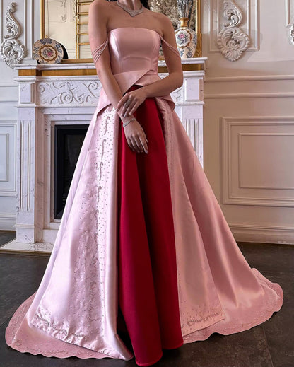 Vow Elegant Strapless Pink and Red Two-Tone Evening Dress