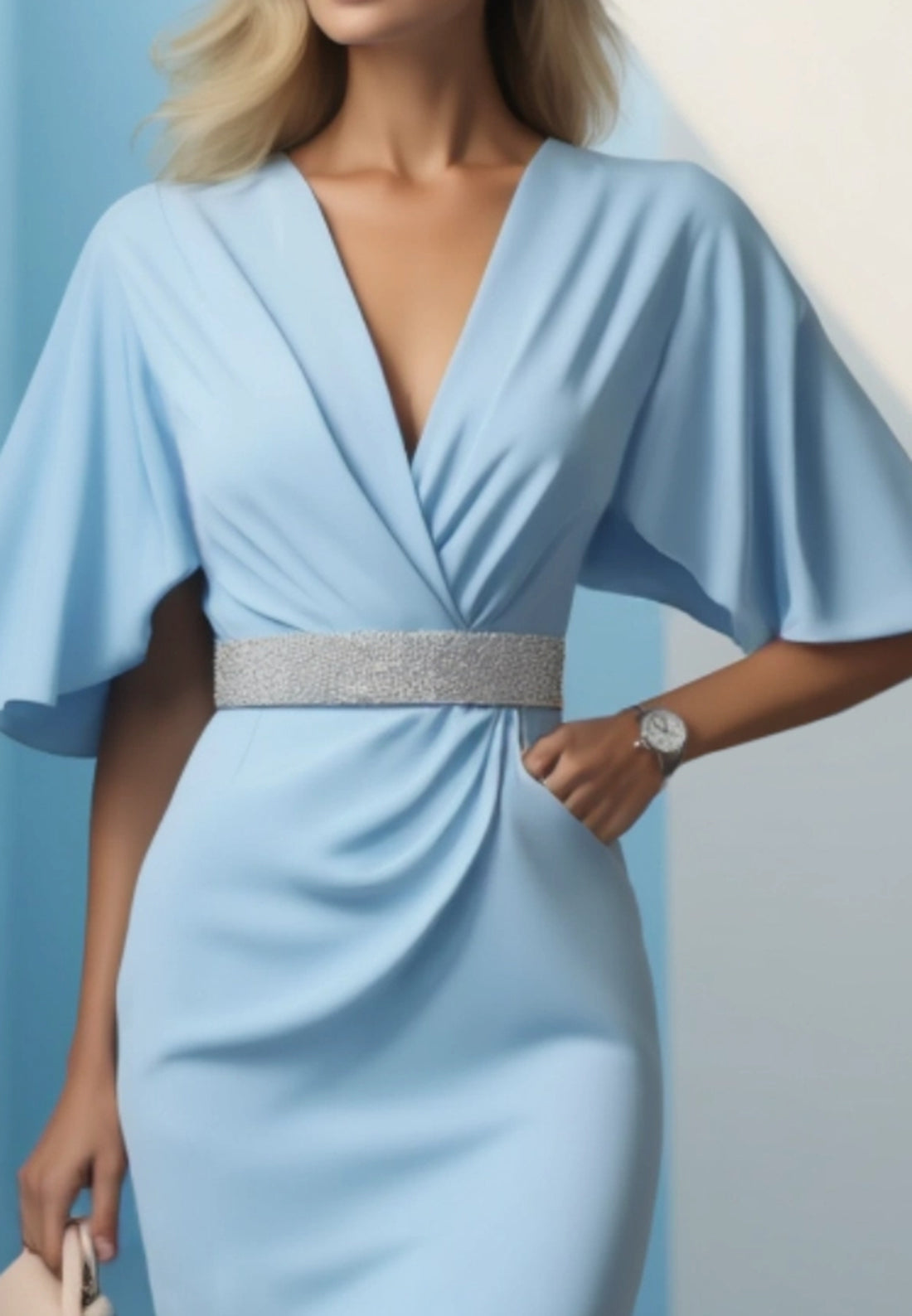 Flattering Blue V Neck Work Dress with Belt