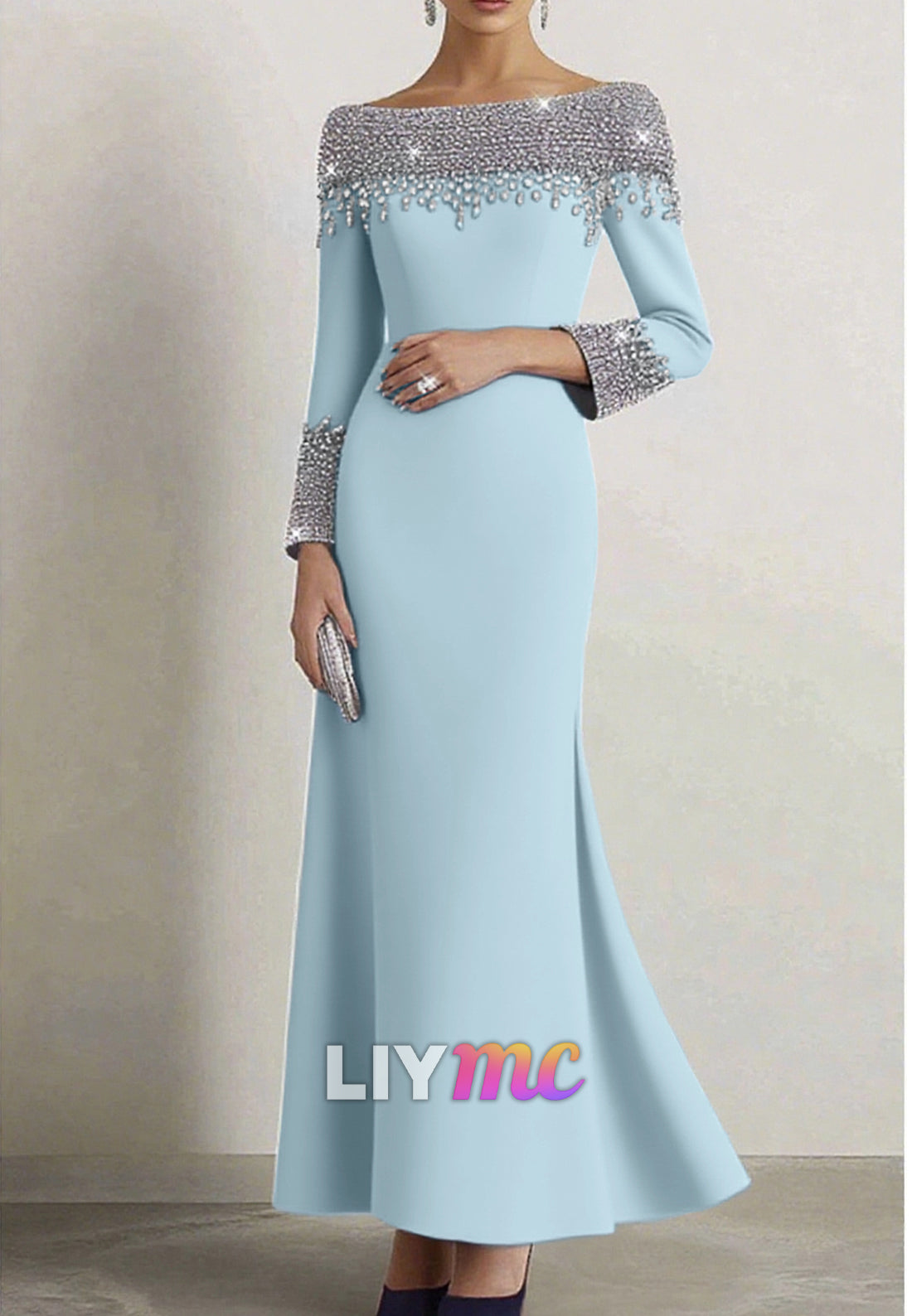 Elegant Dress Navy Boat Neck Rhinestone Maxi Dress Mother of the Bride Dress