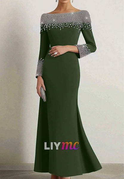 Elegant Dress Navy Boat Neck Rhinestone Maxi Dress Mother of the Bride Dress