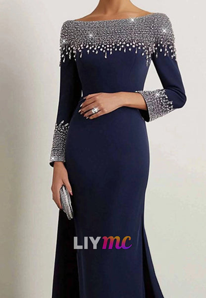 Elegant Dress Navy Boat Neck Rhinestone Maxi Dress Mother of the Bride Dress