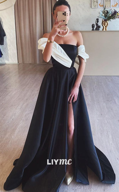 LP1401 - Elegant Off-Shoulder Pleated Sleek Satin Side Slit A-Line Prom Dress