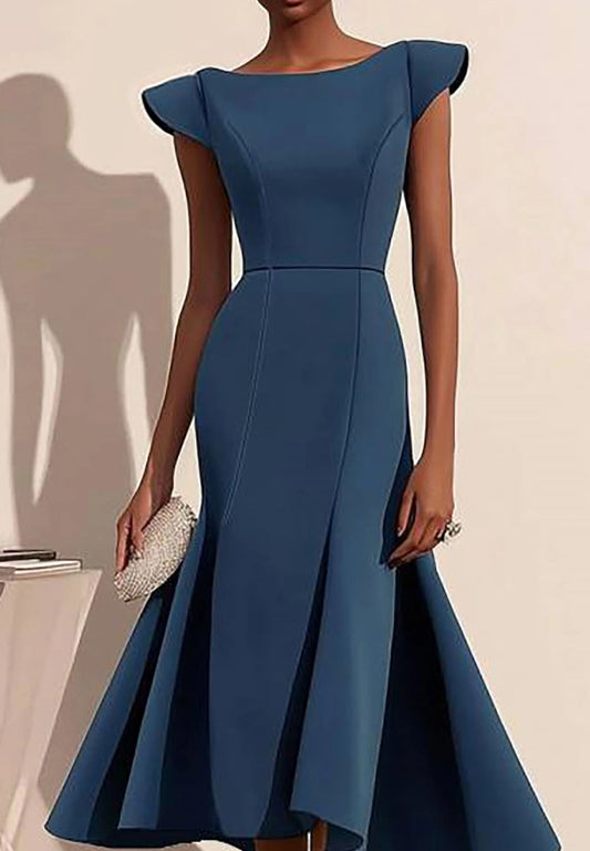 Elegant Semi-Formal Dress Dark Blue Boat Neck Sleeveless Midi Gown