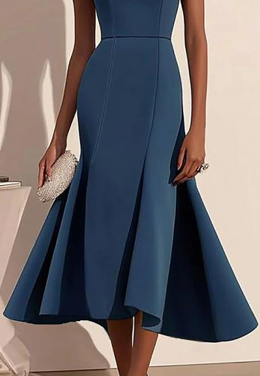 Elegant Semi-Formal Dress Dark Blue Boat Neck Sleeveless Midi Gown