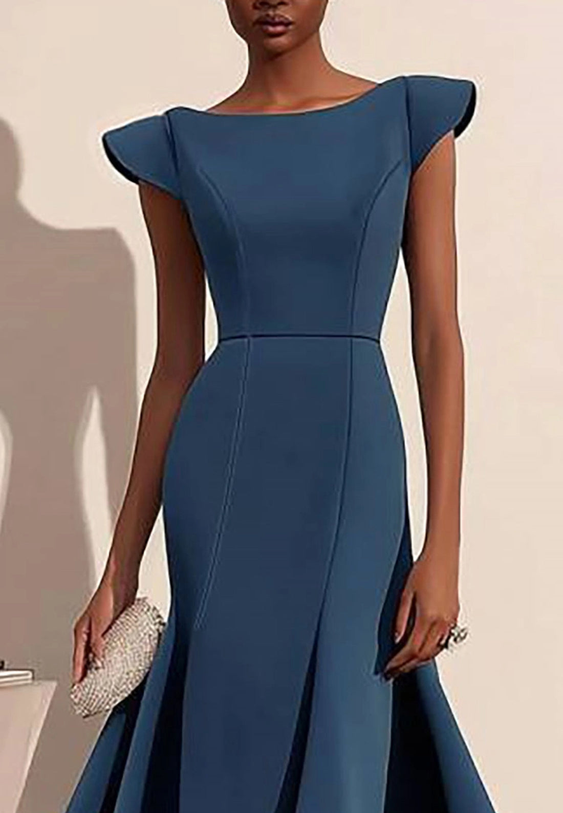 Elegant Semi-Formal Dress Dark Blue Boat Neck Sleeveless Midi Gown