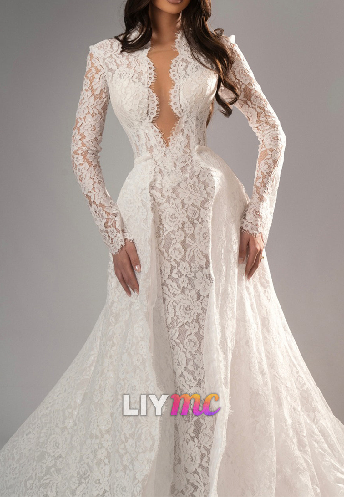 Elegant V-Neck Long Sleeves Lace Appliques Sheath Wedding Dress