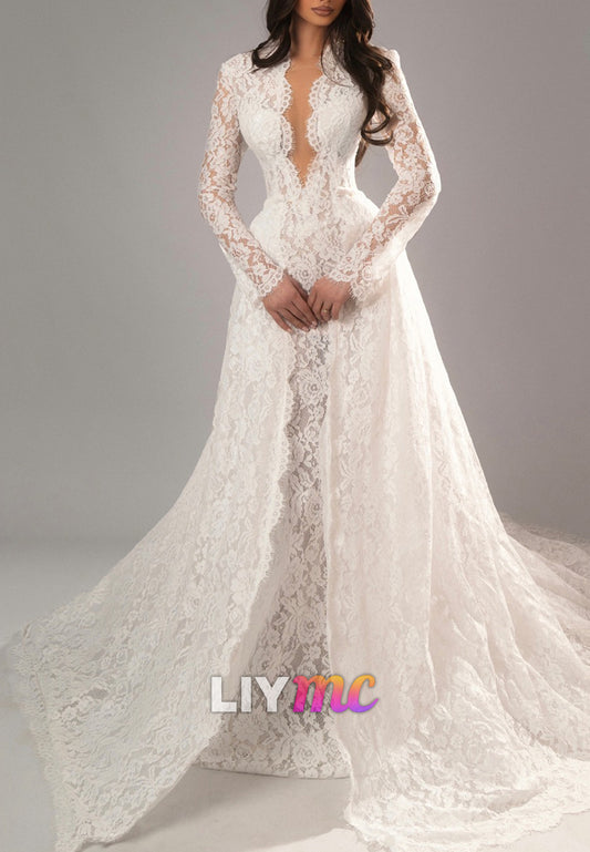 Elegant V-Neck Long Sleeves Lace Appliques Sheath Wedding Dress