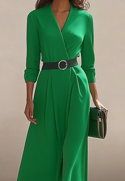 Elegant Work V-Neck Dress Long-Sleeve Green Casual A-Line Cocktail Dress