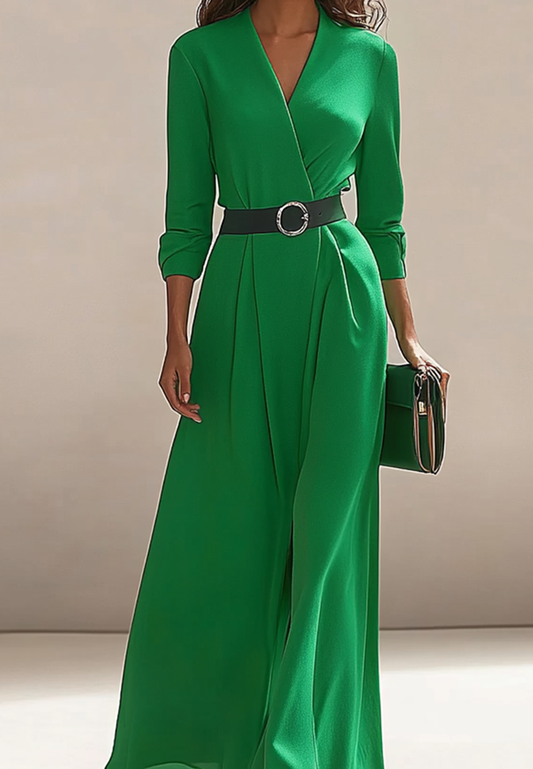 Elegant Work V-Neck Dress Long-Sleeve Green Casual A-Line Cocktail Dress