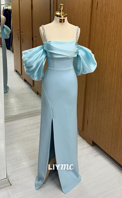 LP1342 - Elegant & Glamorous Sheath Off-Shoulder Baby Blue Stain Ruched Crystal Straps Floor-Length Prom Party Dress