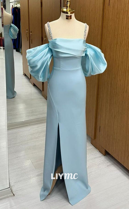 LP1342 - Elegant & Glamorous Sheath Off-Shoulder Baby Blue Stain Ruched Crystal Straps Floor-Length Prom Party Dress