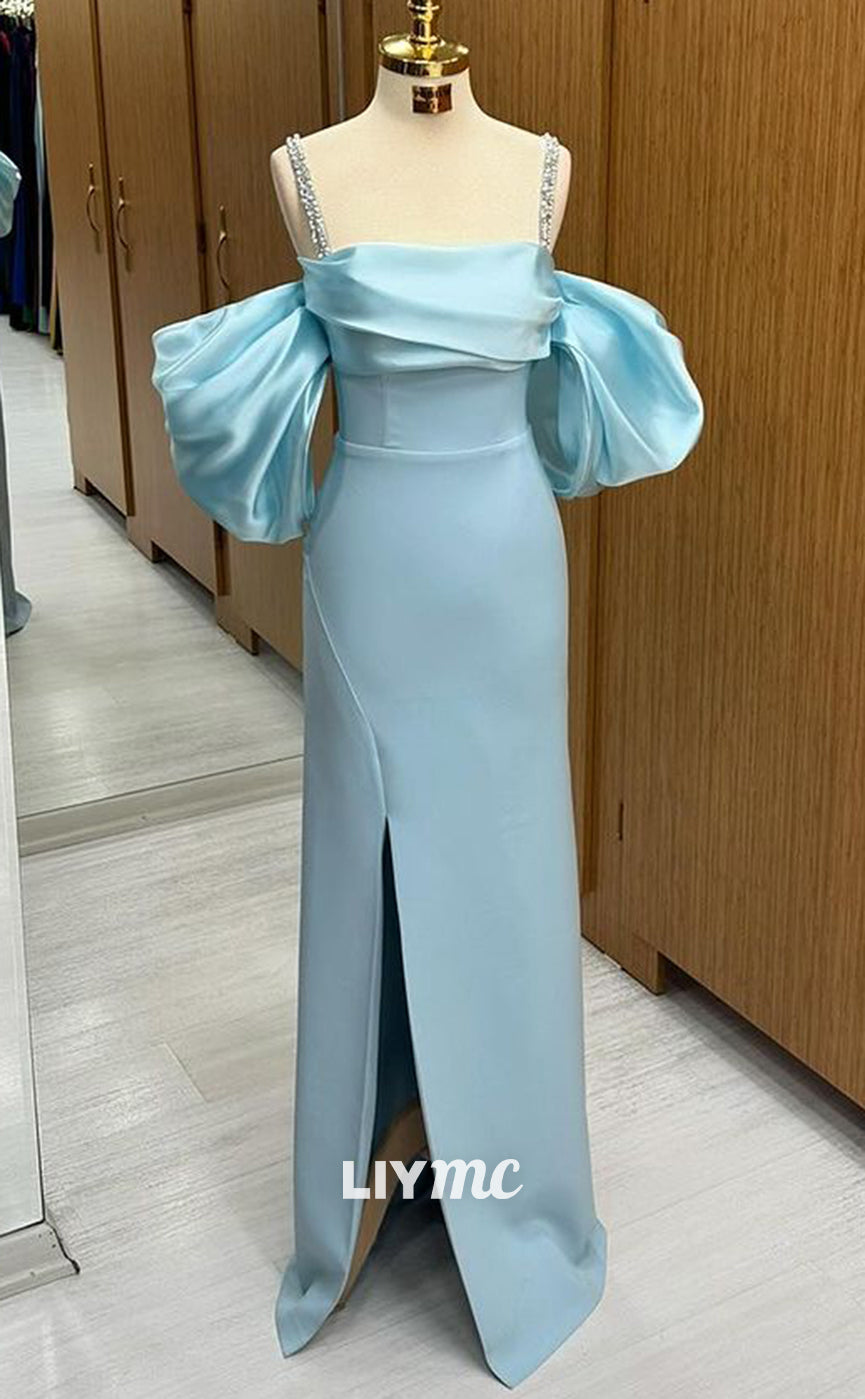 LP1342 - Elegant & Glamorous Sheath Off-Shoulder Baby Blue Stain Ruched Crystal Straps Floor-Length Prom Party Dress