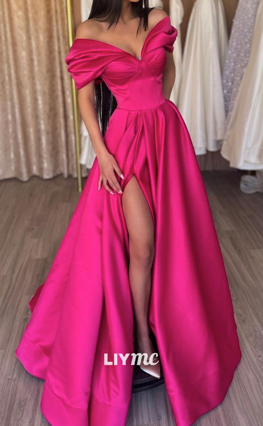 LP1914 - Elegant v neck off shoulder satin long prom dress, formal evening dress