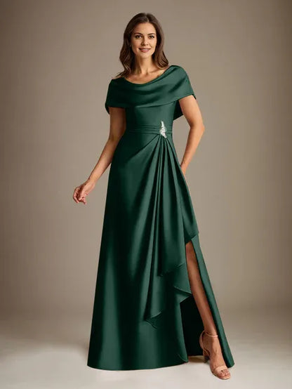A-Line Scoop Floor-Length Stretch Satin Mother of the Bride Dress With Cascading Ruffles
