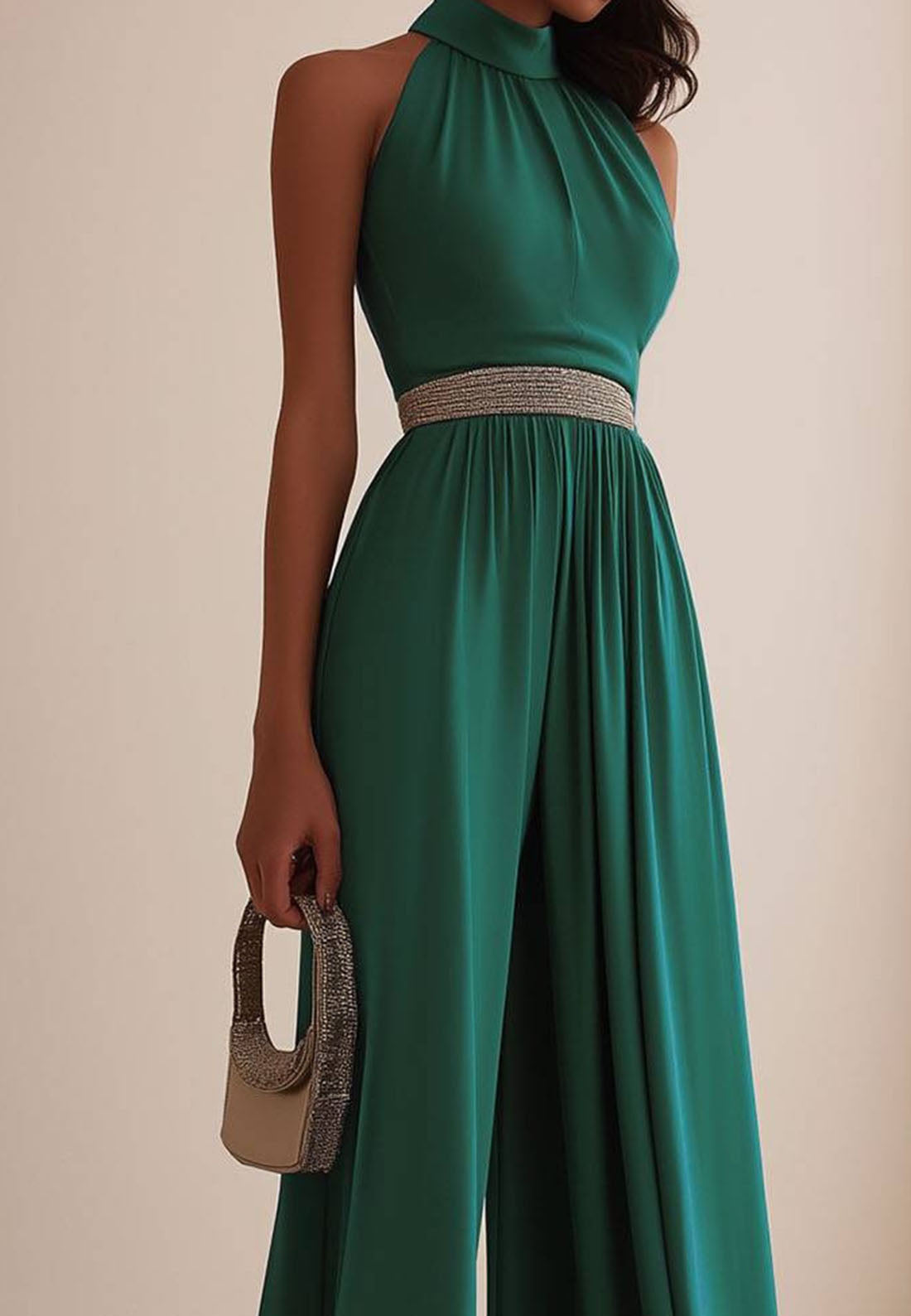 Emerald Green Party Work High-Neck Sleeveless Jumpsuit