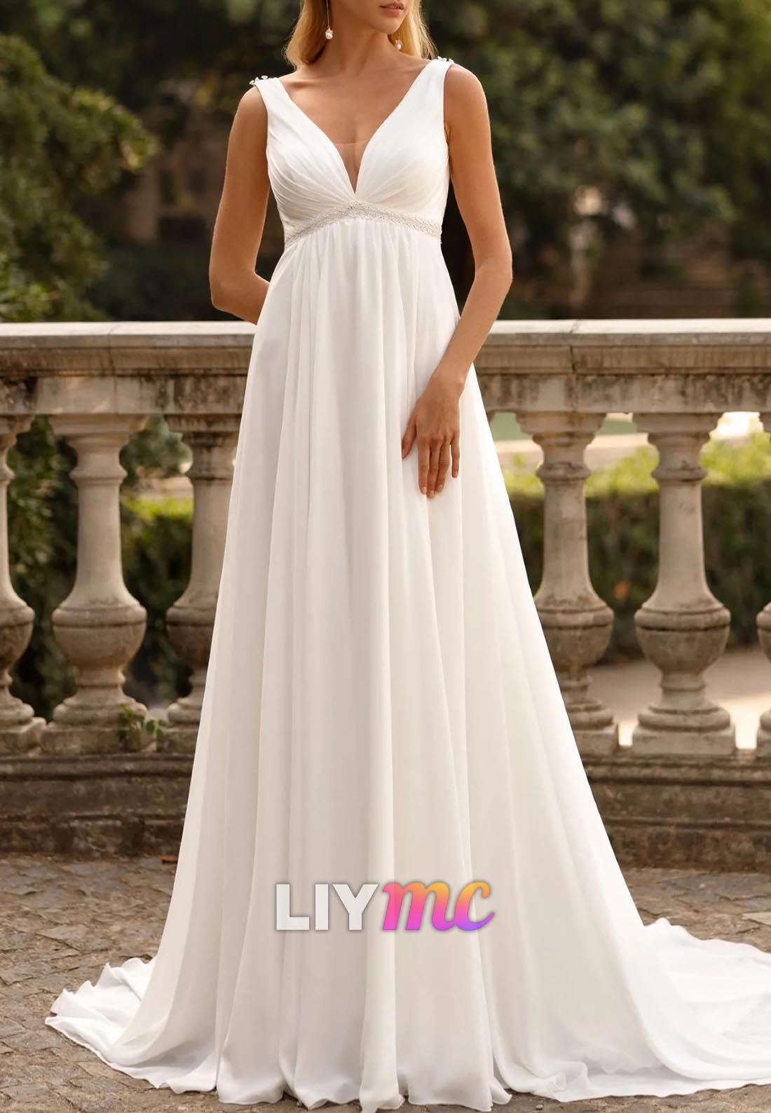 Empire Waist Chiffon V-Neck Sleeveless Boho Wedding Dress