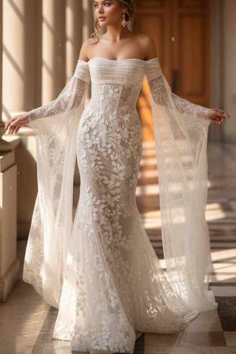 Off-Shoulder Lace Wedding Dress with Sheer Bell Sleeves
