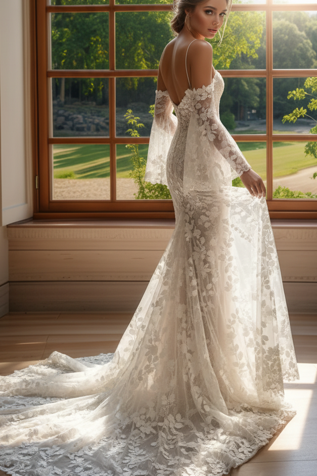 Off-Shoulder Lace Wedding Dress with Sheer Bell Sleeves