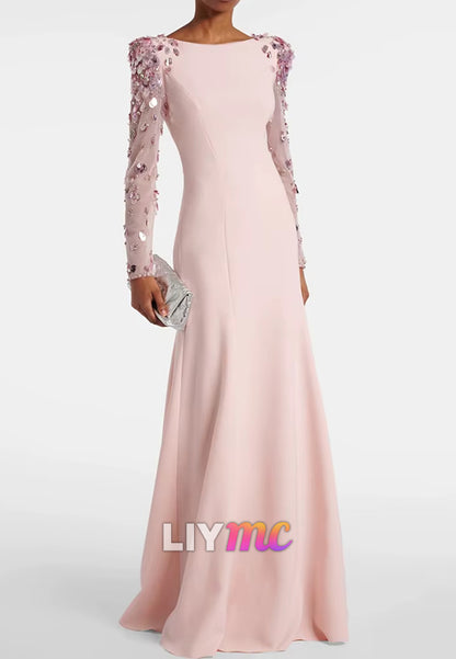 Evening Dress Scoop Long Sleeves Sequins Sheath Mothe of Bride Dress