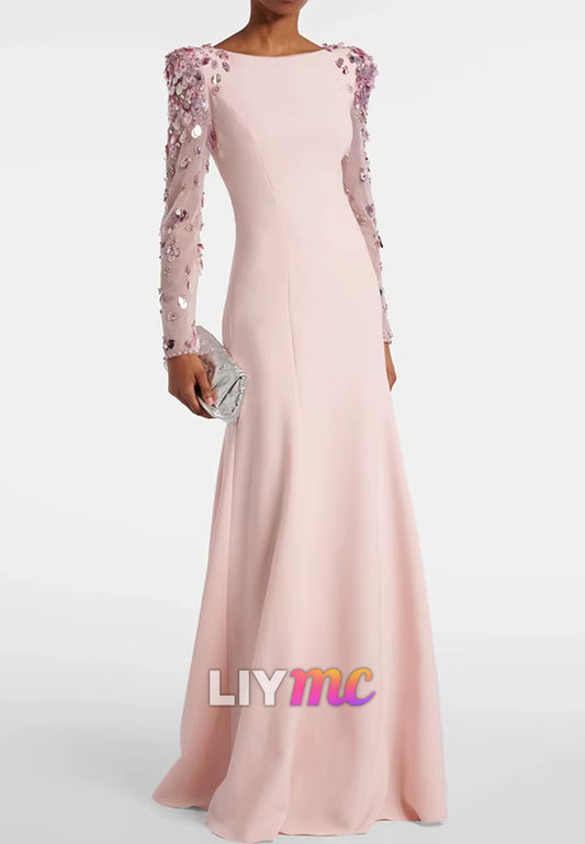 Evening Dress Scoop Long Sleeves Sequins Sheath Mothe of Bride Dress