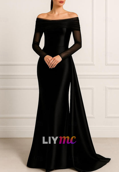 Evening  Overskirt Formal Dress Elegant Silky Long Sleeve Off Shoulder Wedding Formal Dress