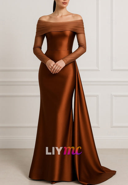 Evening  Overskirt Formal Dress Elegant Silky Long Sleeve Off Shoulder Wedding Formal Dress
