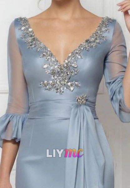 Evening Satin Dress Blue V Neck Lace up Maxi Dress for Mother of the Bride