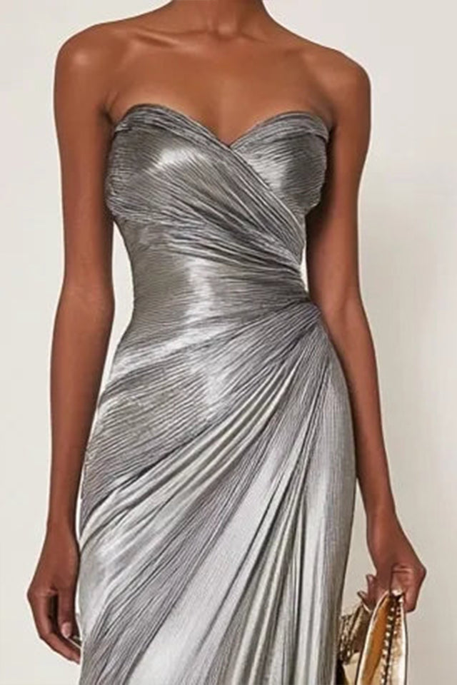 Evening Formal Dress V Neck Silver Silk Ruffles Strapless Maxi Dress