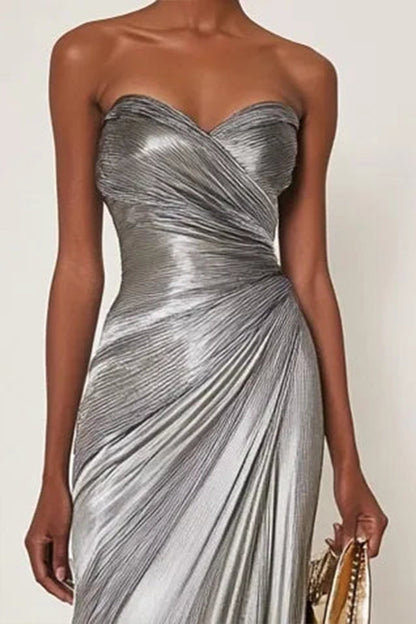 Evening Formal Dress V Neck Silver Silk Ruffles Strapless Maxi Dress