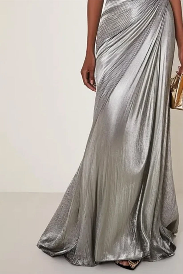 Evening Formal Dress V Neck Silver Silk Ruffles Strapless Maxi Dress