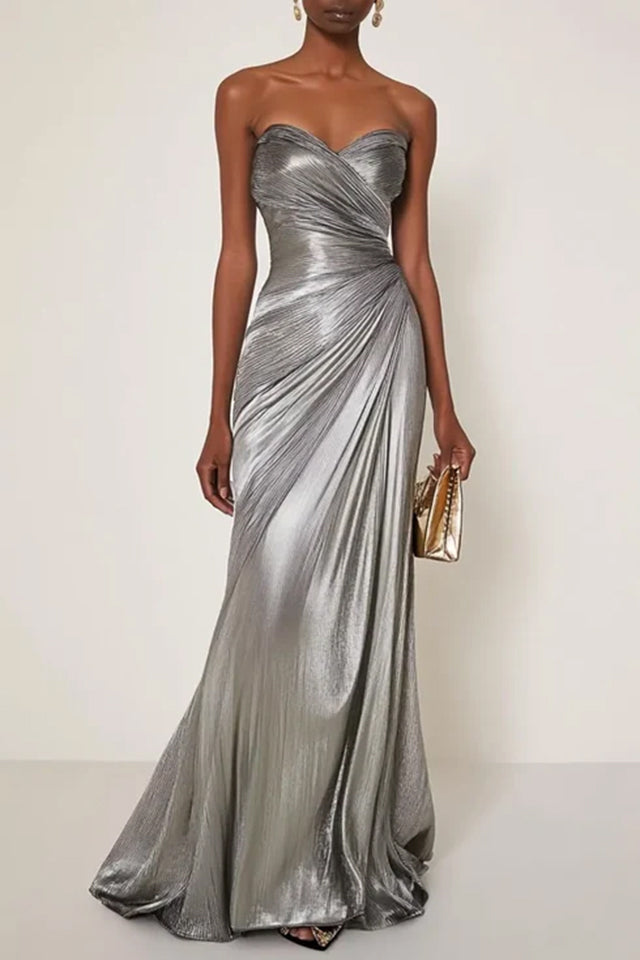 Evening Formal Dress V Neck Silver Silk Ruffles Strapless Maxi Dress
