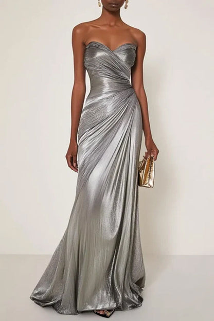 Evening Formal Dress V Neck Silver Silk Ruffles Strapless Maxi Dress