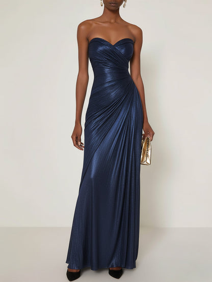 Evening Formal Dress V Neck Silver Silk Ruffles Strapless Maxi Dress