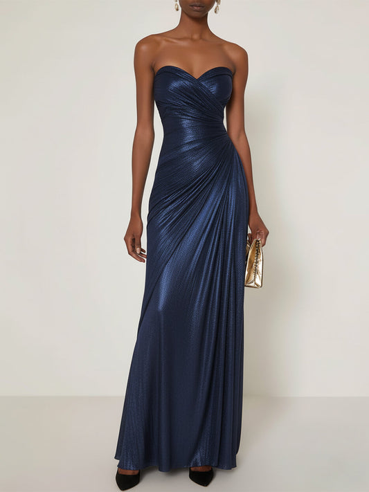Evening Formal Dress V Neck Silver Silk Ruffles Strapless Maxi Dress