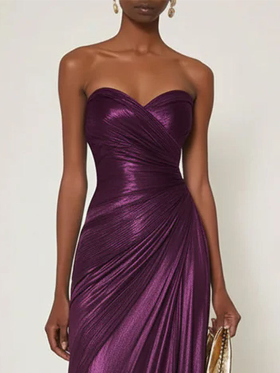 Evening Formal Dress V Neck Silver Silk Ruffles Strapless Maxi Dress