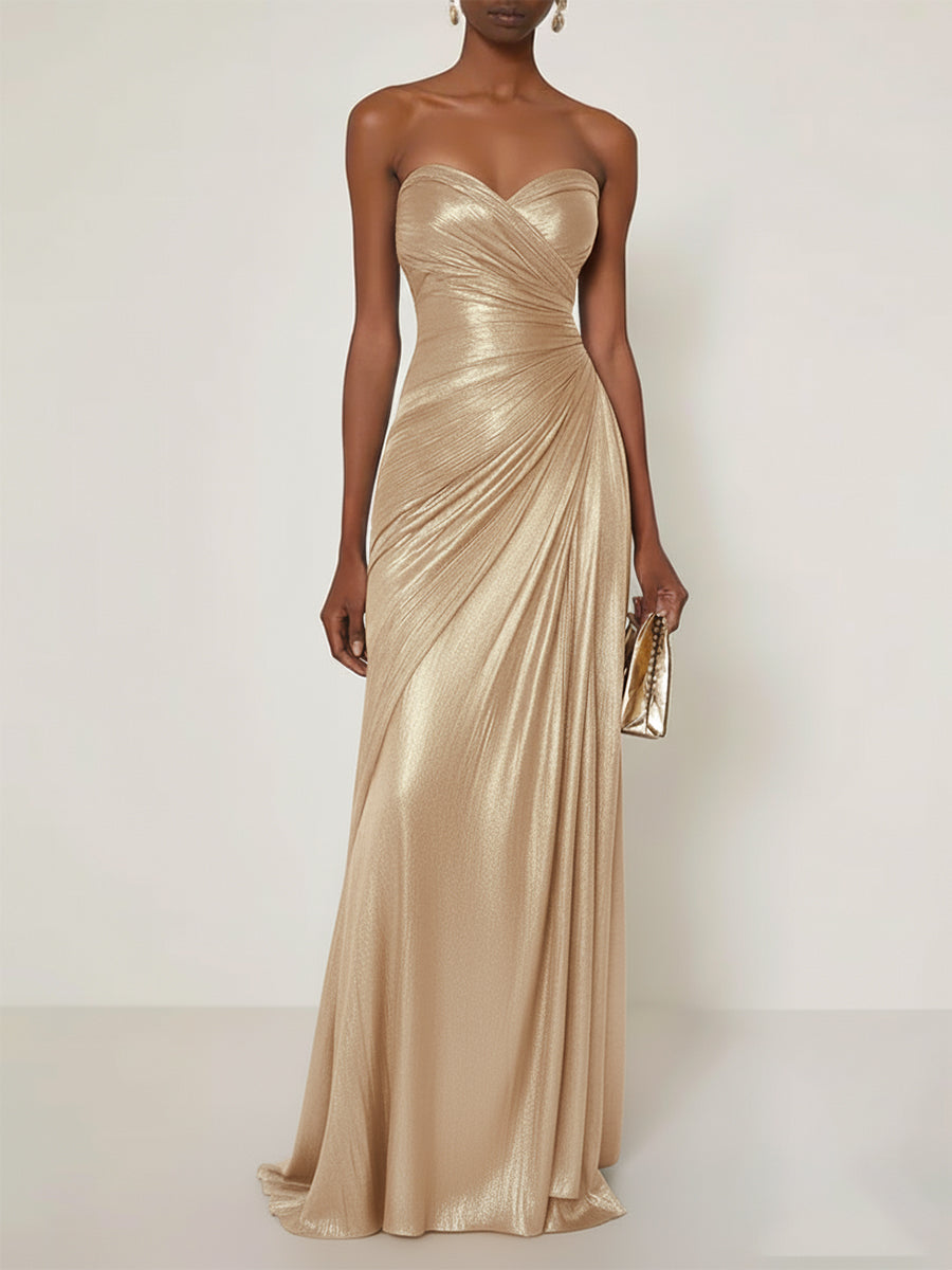 Evening Formal Dress V Neck Silver Silk Ruffles Strapless Maxi Dress