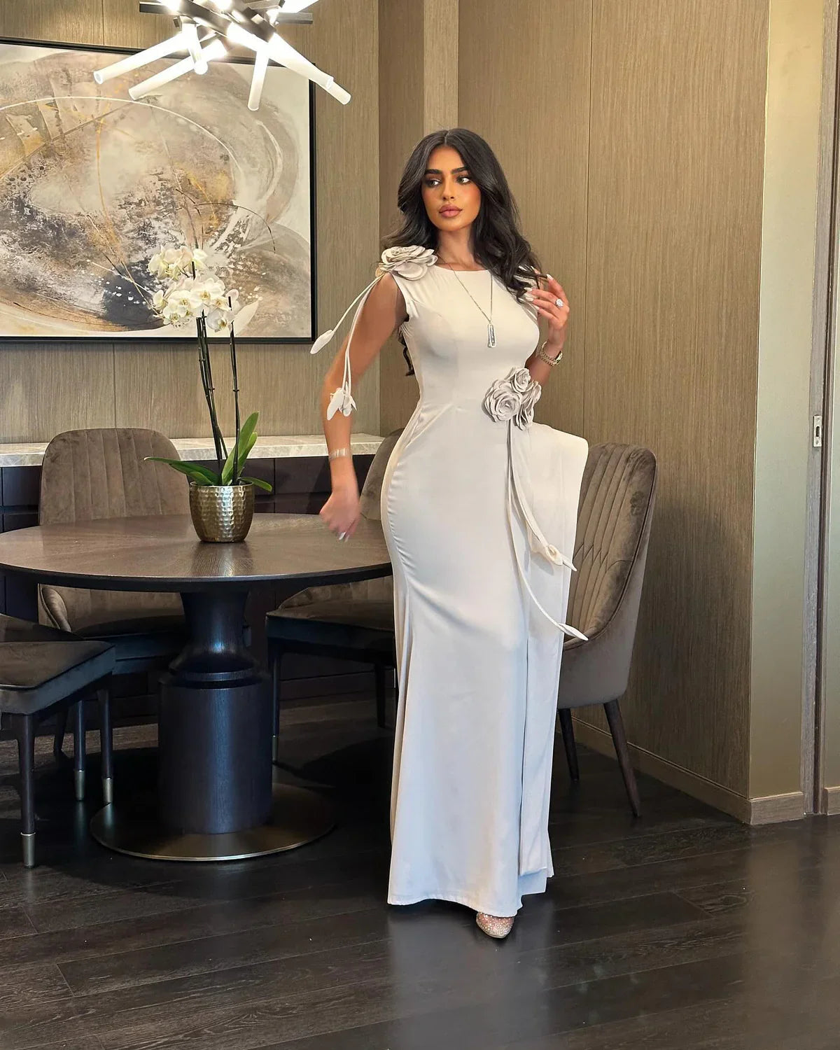 Scoop Sleeevless Mermaid  Floral Embellished Evening Dress