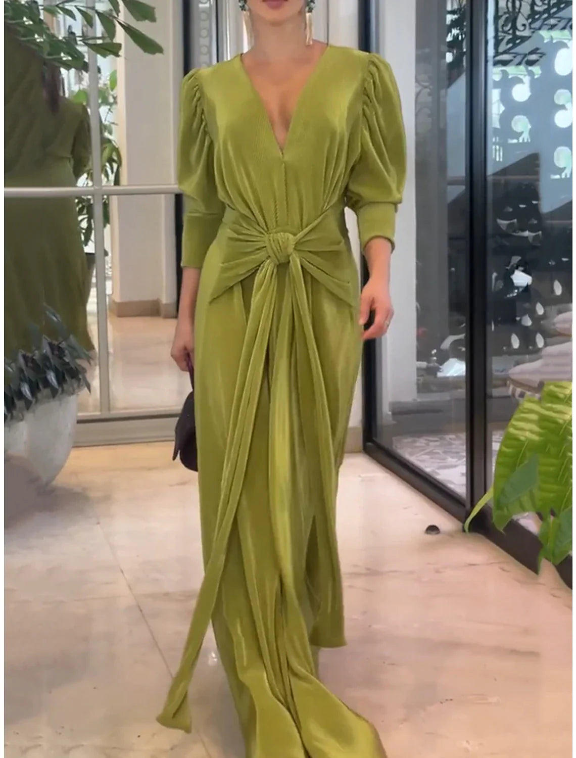 Women's Prom Dress Party Dress Wedding Guest Dress Long Dress Maxi Dress Green Long Sleeve Pure Color Knot Front Spring Fall Winter V Neck Party Winter Dress Evening Party Wedding Guest