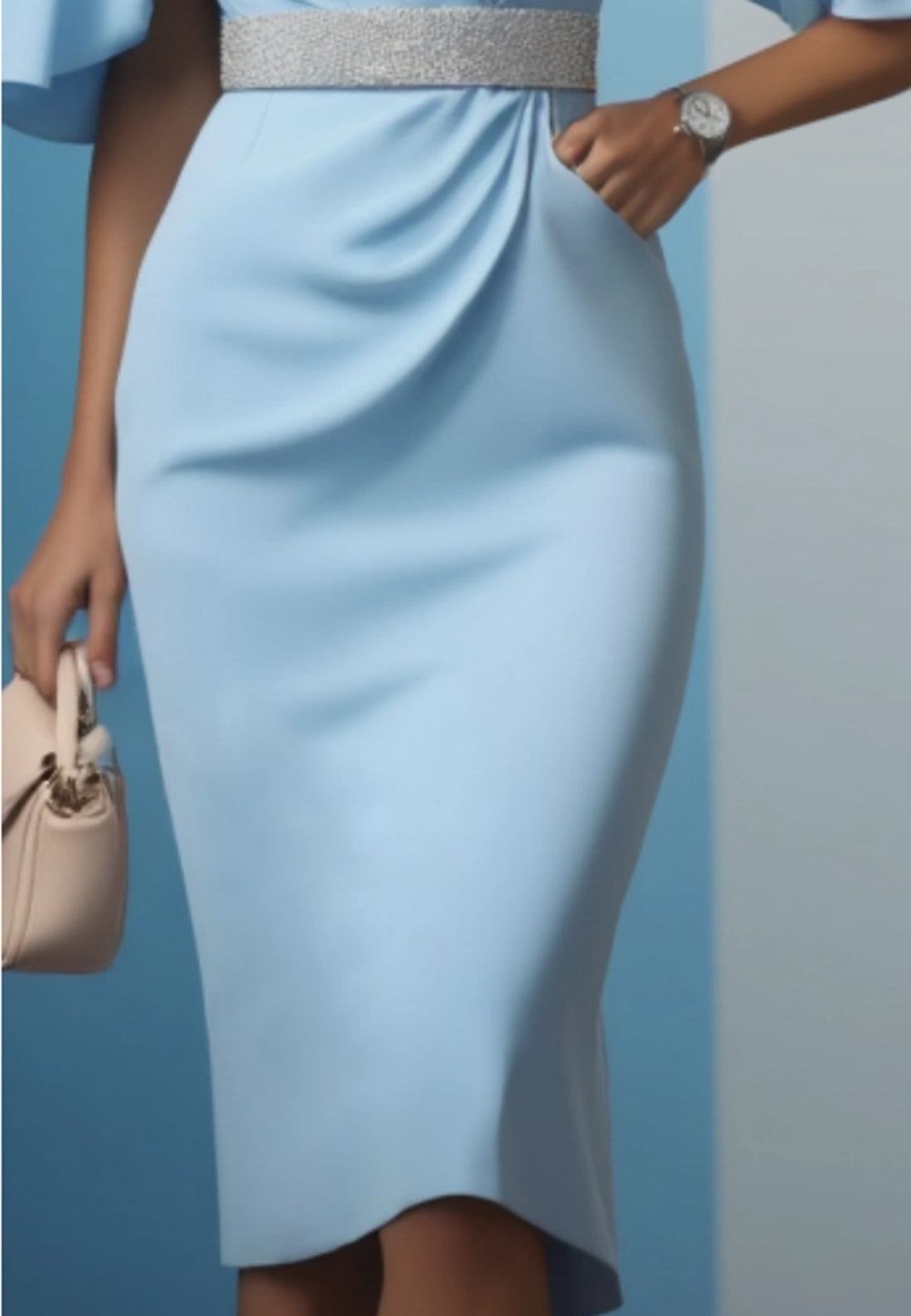 Flattering Blue V Neck Work Dress with Belt