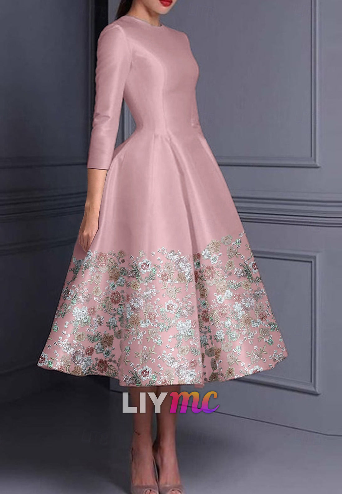 Floral A-Line Cocktail Dresses Elegant Dress Formal Valentine's Day Tea Length 3_4 Length Sleeve Jewel Neck Belt