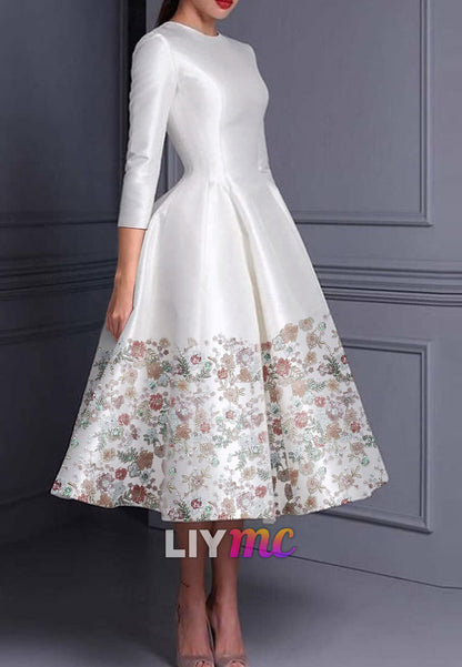 Floral A-Line Cocktail Dresses Elegant Dress Formal Valentine's Day Tea Length 3_4 Length Sleeve Jewel Neck Belt
