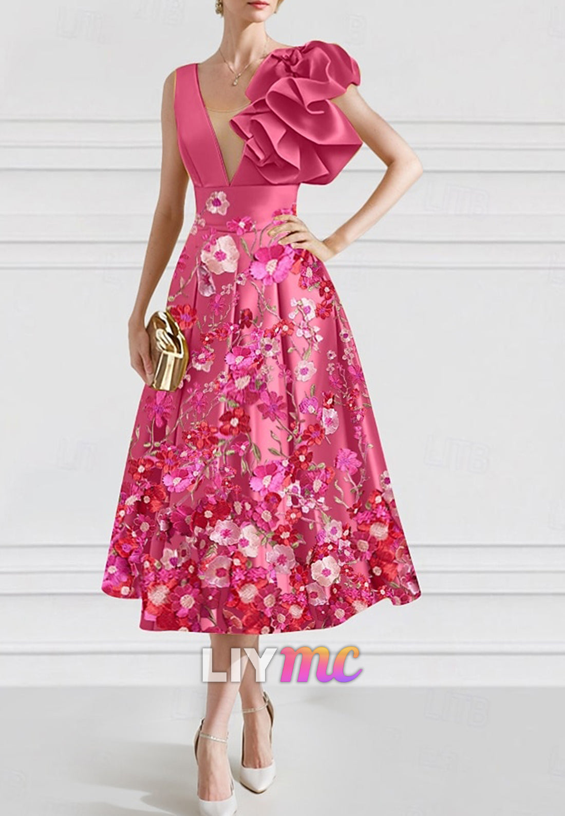 Floral A-Line Cocktail Dresses Elegant Dress Formal Wedding Sleeveless V Neck Satin with Embroidery Pocket