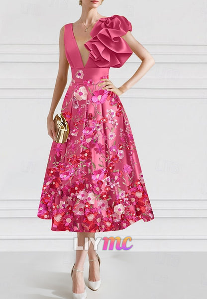 Floral A-Line Cocktail Dresses Elegant Dress Formal Wedding Sleeveless V Neck Satin with Embroidery Pocket