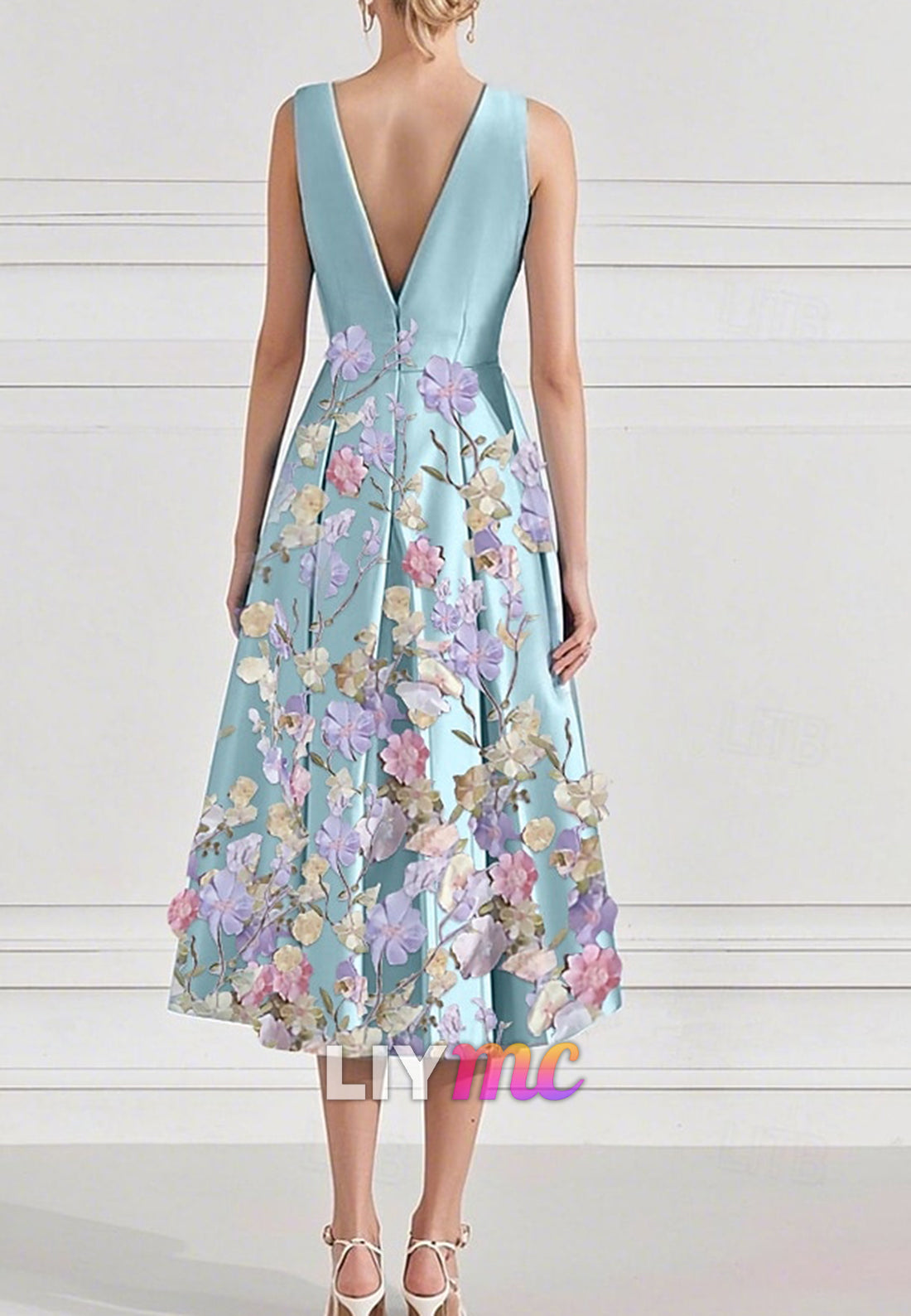 Floral A-Line Cocktail Dresses Elegant Dress Formal Wedding Sleeveless V Neck Satin with Embroidery Pocket