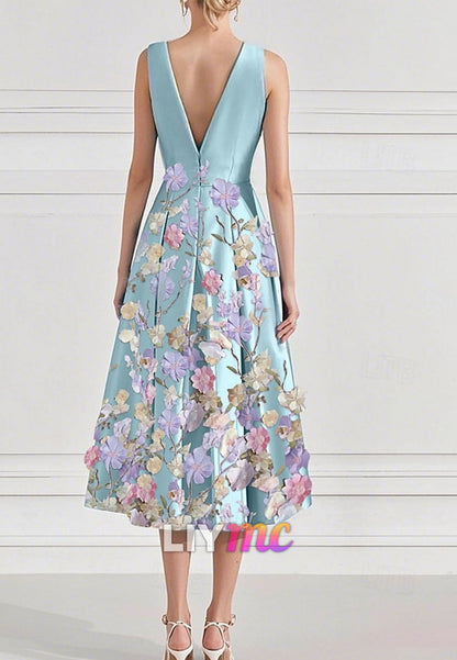 Floral A-Line Cocktail Dresses Elegant Dress Formal Wedding Sleeveless V Neck Satin with Embroidery Pocket