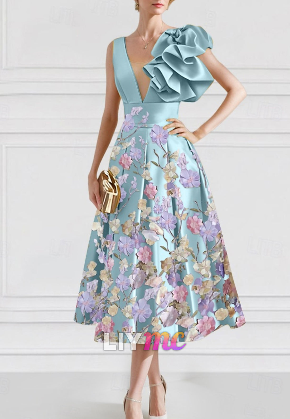 Floral A-Line Cocktail Dresses Elegant Dress Formal Wedding Sleeveless V Neck Satin with Embroidery Pocket