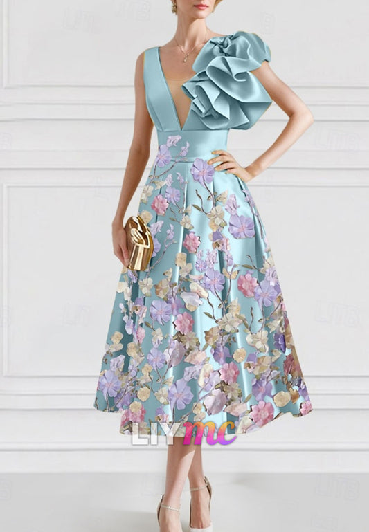 Floral A-Line Cocktail Dresses Elegant Dress Formal Wedding Sleeveless V Neck Satin with Embroidery Pocket