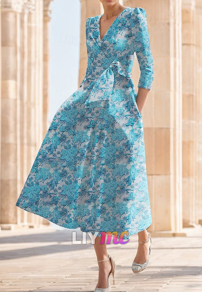 Floral A-Line Cocktail Dresses Elegant Formal Wedding Half Sleeve V Neck Nylon Print Slit Pocket Wedding Guest Dress