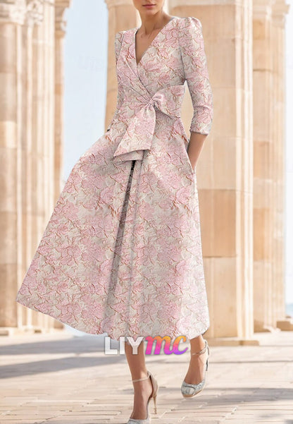 Floral A-Line Cocktail Dresses Elegant Formal Wedding Half Sleeve V Neck Nylon Print Slit Pocket Wedding Guest Dress