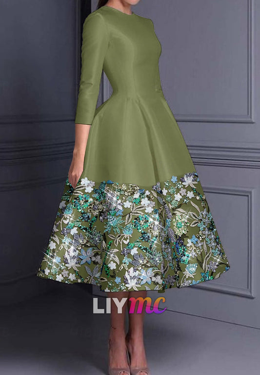 Floral Embroidered A-Line Cocktail Elegant Dress Formal Wedding Crew Neck Satin